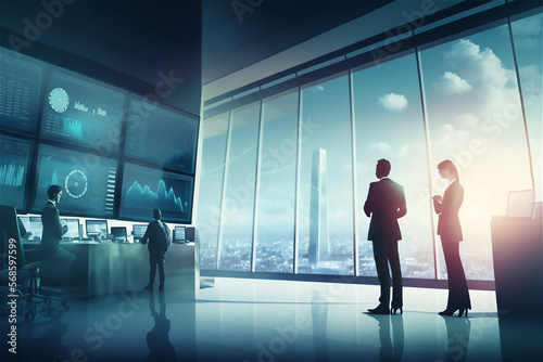 Business people inside large high tech office with large window