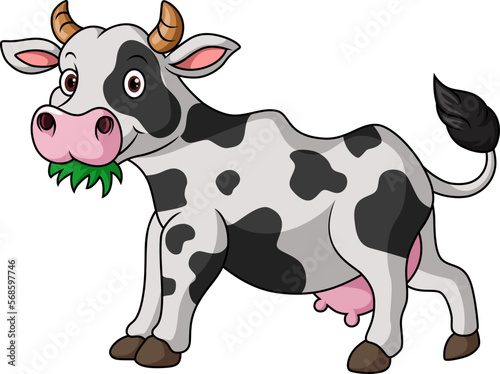Cute cow cartoon eat grass