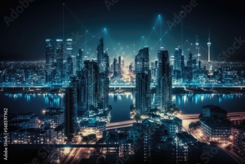 Smart city at night application development concept. Generative AI