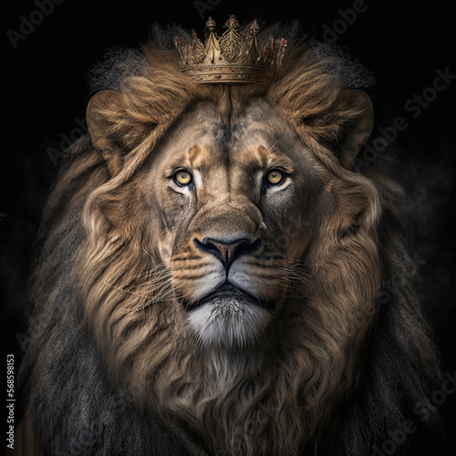 portrait of a king lion in dark background