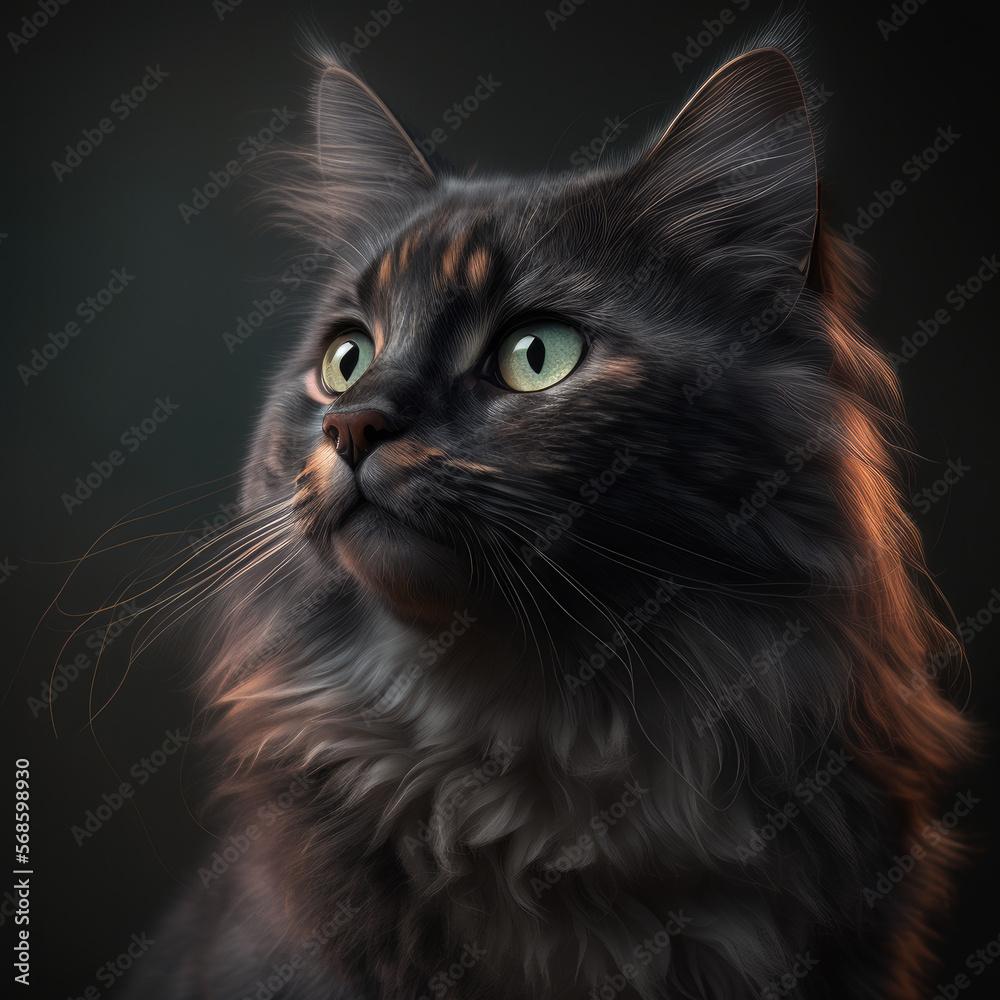 A portrait of a Black cat, with its fur and eyes depicted in great detail