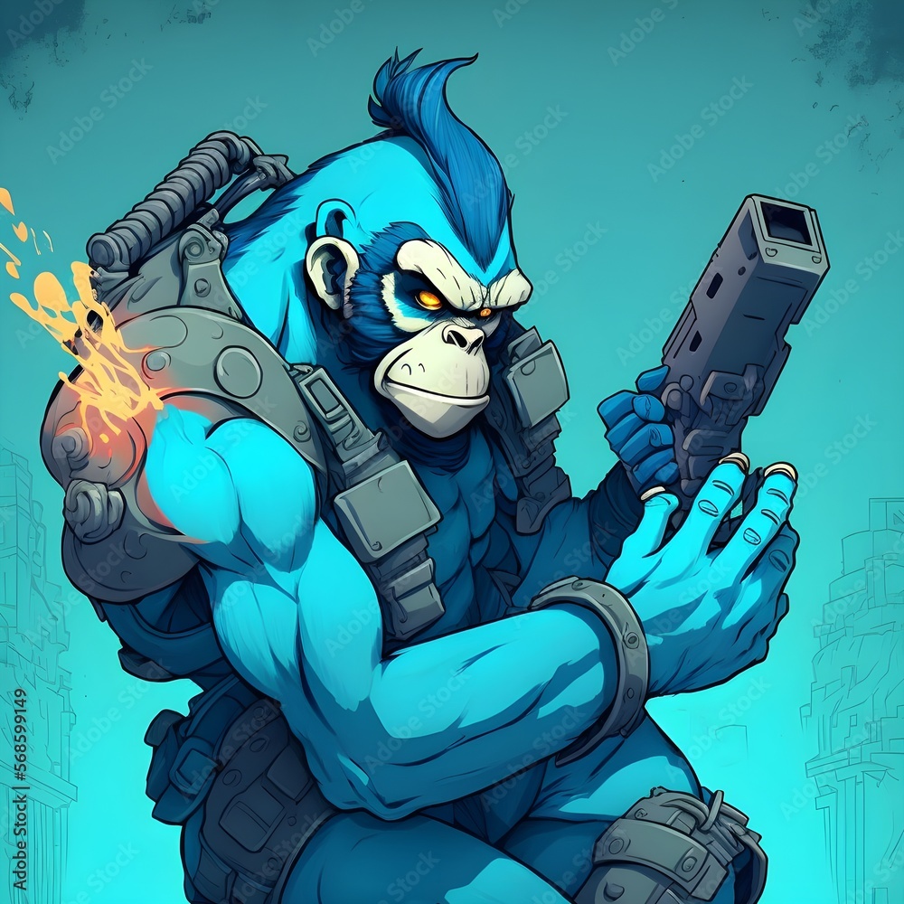 A big strong blue monkey holding a next gen grenade launcher The monkey