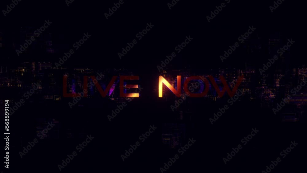 Live Now text word gold light animation loop with glitch text effect abstract background. 4K 3D seamless looping Live Now effect element for Cinema trailer, title banner. Live Now text word gold light animation loop with glitch text effect abstract background. 4K 3D seamless looping Live Now effect element for Cinema trailer, title banner.