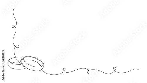 One continuous line drawing of Wedding rings. Romantic elegance concept and symbol proposal engagement and love marriage in simple linear style. Editable stroke. Doodle florish vector illustration