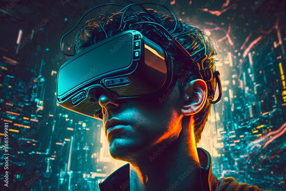 Man with VR headset in metaverse. Generative AI Man with VR headset in metaverse. Generative AI
