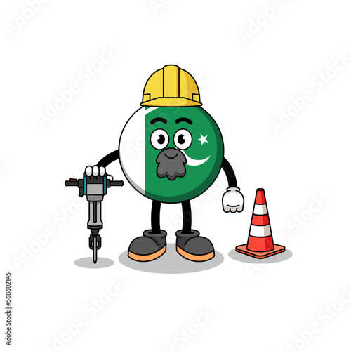Character cartoon of pakistan flag working on road construction