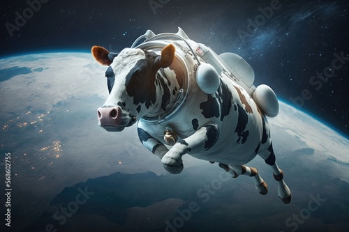 Exploring the Universe Through Illustrations Cow in Space Wearing Astronaut Suit Generative AI photo