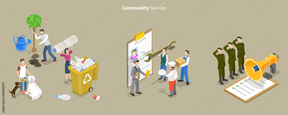 3D Isometric Flat Vector Conceptual Illustration of Community Service, Voluntary Work, Country Protection, Employment Industry