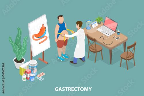 3D Isometric Flat Vector Conceptual Illustration of Gastrectomy, Stomach Surgery, Weight Loss Gastric Procedure