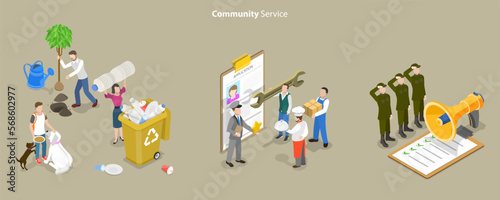 3D Isometric Flat Vector Conceptual Illustration of Community Service, Voluntary Work, Country Protection, Employment Industry