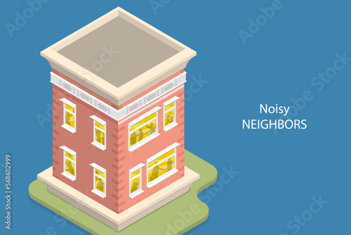 3D Isometric Flat Vector Conceptual Illustration of Noisy Neighbors, Problems With Neighbors in a Rental Property