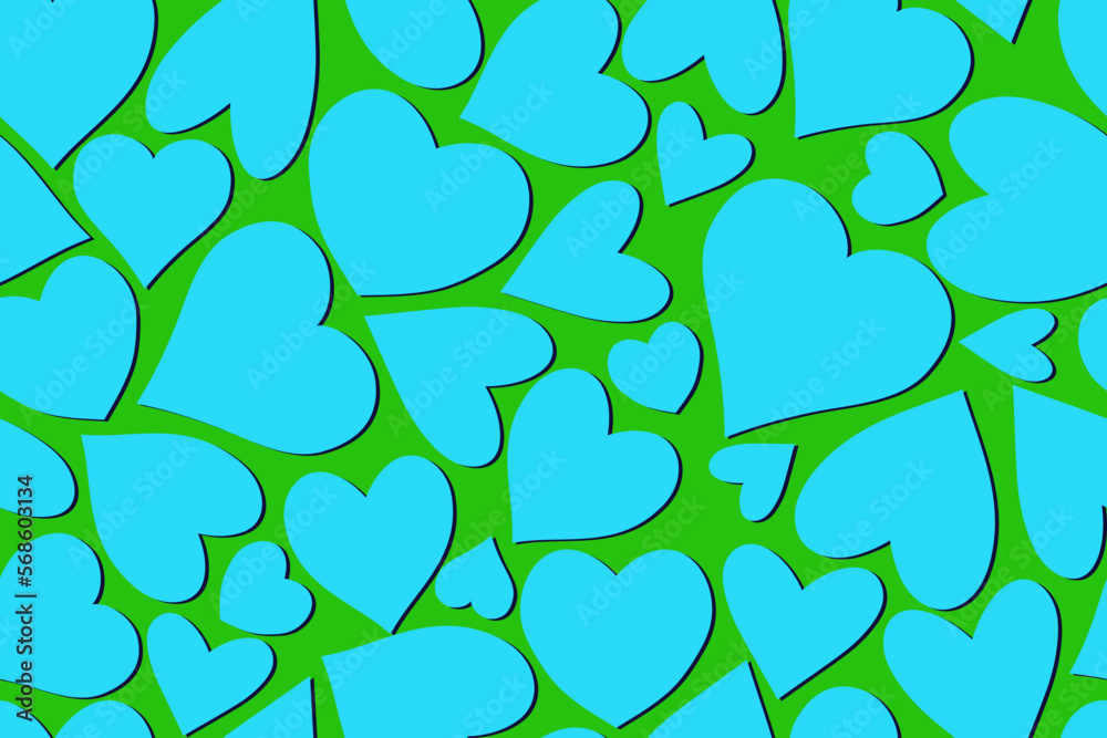 Niebiesko-zielony wzór w ręcznie rysowane serca. Ładny romantyczny nadruk. Walentynkowa tekstura, ślubna inspiracja. Wzór powtarzalny. - obrazy, fototapety, plakaty 
