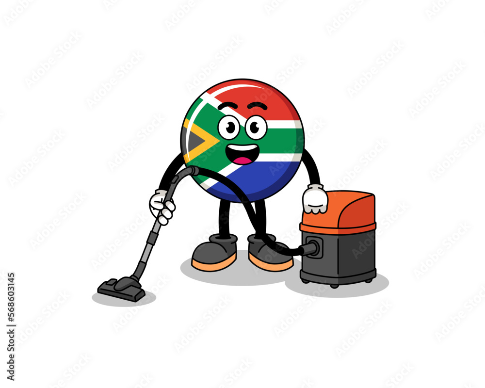 Character mascot of south africa flag holding vacuum cleaner