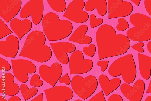 Różowo-czerowny wzór w ręcznie rysowane serca. Ładny romantyczny nadruk. Walentynkowa tekstura, ślubna inspiracja. Wzór powtarzalny.
