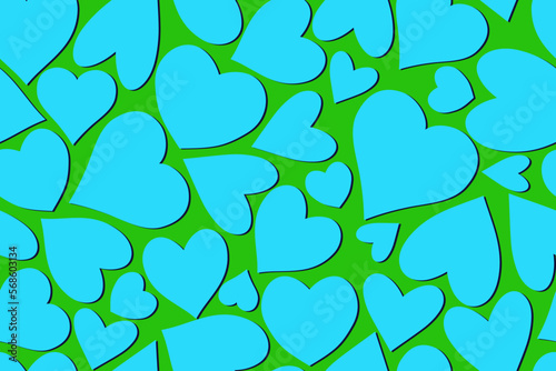 Niebiesko-zielony wzór w ręcznie rysowane serca. Ładny romantyczny nadruk. Walentynkowa tekstura, ślubna inspiracja. Wzór powtarzalny.
