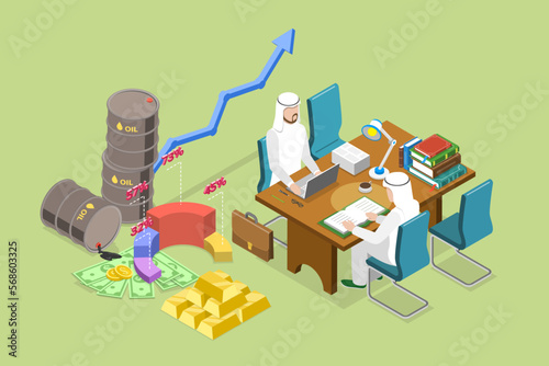 3D Isometric Flat Vector Conceptual Illustration of Oil Business, Saudi Businessmen Meating