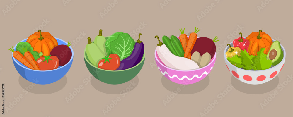 3D Isometric Flat Vector Icon of Vegetable Bowls Set, Fresh and Healthy Food