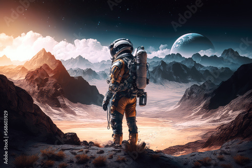 An astronaut on an alien planet. A high-tech astronaut looking out on an alien world. The concept of space travel. Generative AI