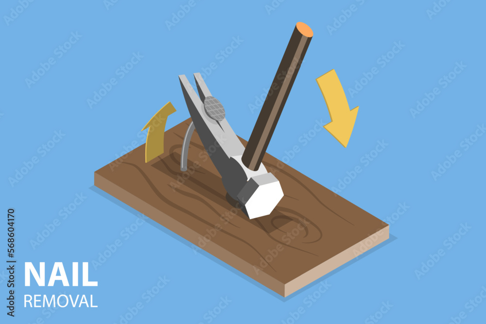 3D Isometric Flat Vector Conceptual Illustration of Nail Removal, Unscrew Nails From Wood Board 3D Isometric Flat Vector Conceptual Illustration of Nail Removal, Unscrew Nails From Wood Board