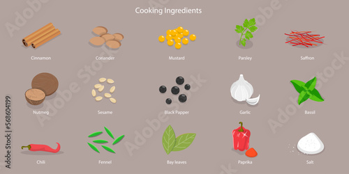 3D Isometric Flat Vector Icon of Cooking Ingredients, Spices Set