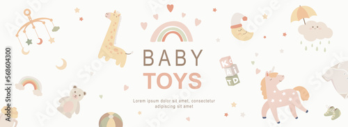 Baby toys horizontal web banner. Kids rainbow, bottle, teddy bear, crescent moon, unicorn, bodysuit and other newborn elements. Vector illustration for header website, cover templates in modern design