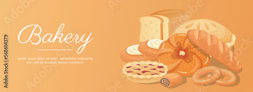 Bakery horizontal web banner. Fresh bread, cherry pie, cakes, long loaf, rolls, bagels, other pastry and wheat flour products. Vector illustration for header website, cover templates in modern design