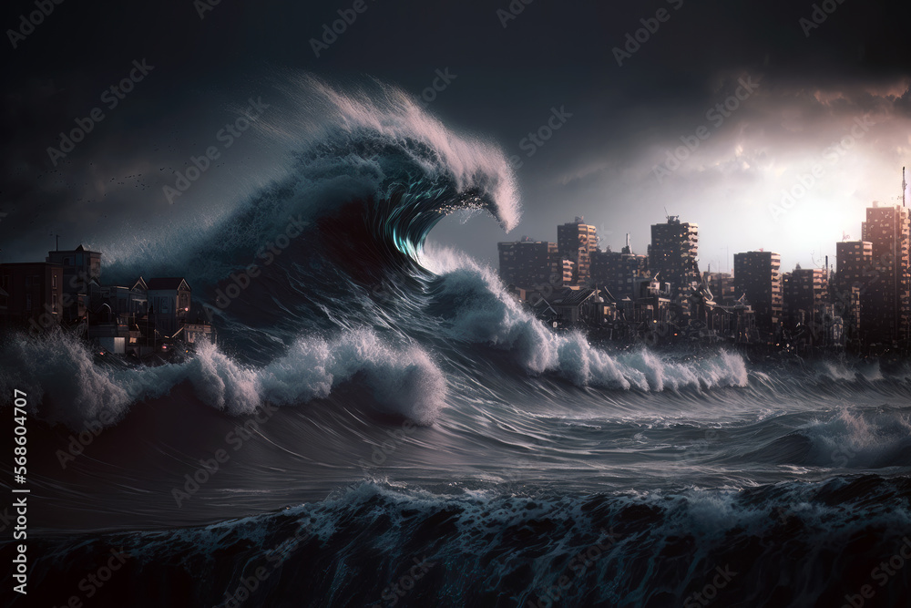Huge tsunami destroying a city. Dramatic scenery with a apocalyptic big wave flooding the lanscape. Natural disaster. Generative ai - obrazy, fototapety, plakaty 