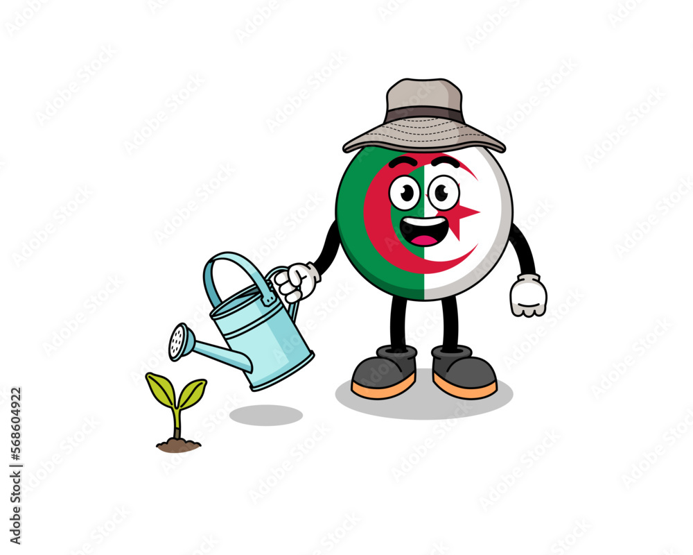 Illustration of algeria flag cartoon watering the plant