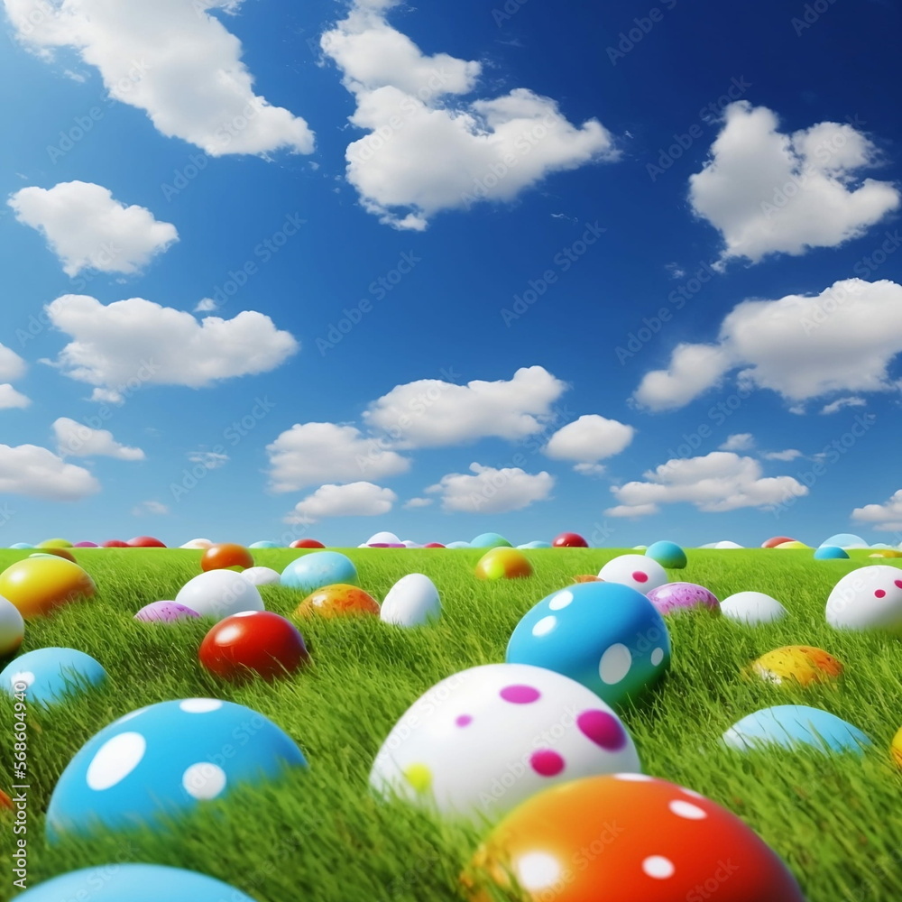 A green grassy field with colorful easter eggs under a blue springtime sky with bright white clouds created by generative AI