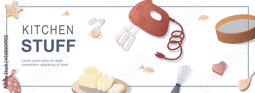 Kitchen stuff horizontal web banner. Mixer, sieve, whisk, spoon, egg, butter, potholder and other kitchenware and utensils. Vector illustration for header website, cover templates in modern design