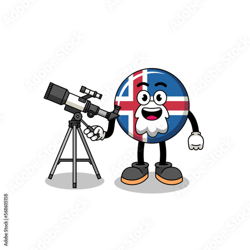 Illustration of iceland flag mascot as an astronomer