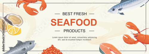 Seafood horizontal web banner. Different fish, mackerel, salmon, red caviar, crab, lobster, oyster with lemon, other products. Vector illustration for header website, cover templates in modern design