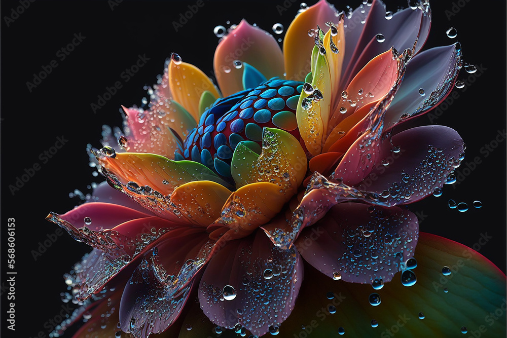 Fototapeta premium Macro Close Up of a Colorful Flower, Rainbow, Dew Drops, made with Generative AI