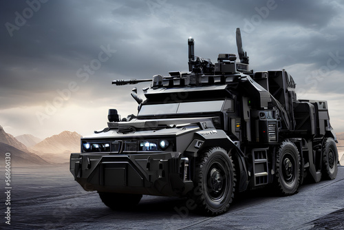 futuristic black military truck on a road created with Generative AI photo