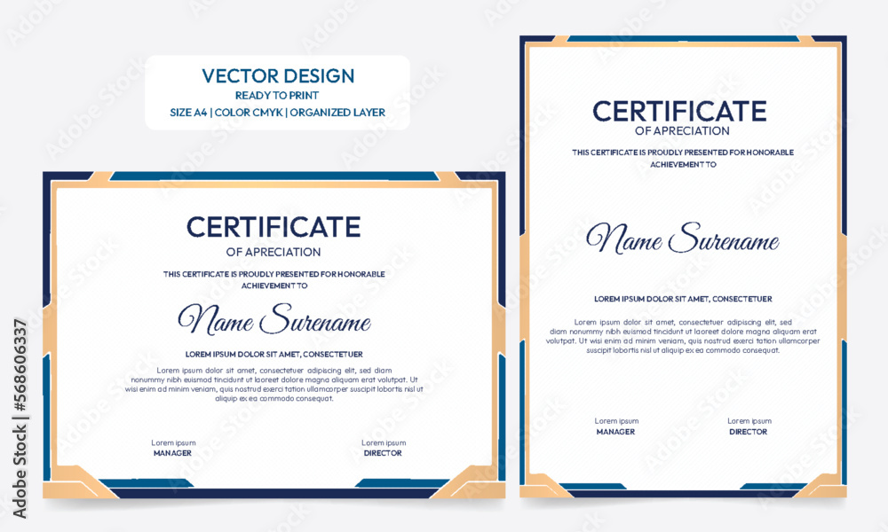 Fototapeta premium Blue and gold certificate of achievement template with gold border