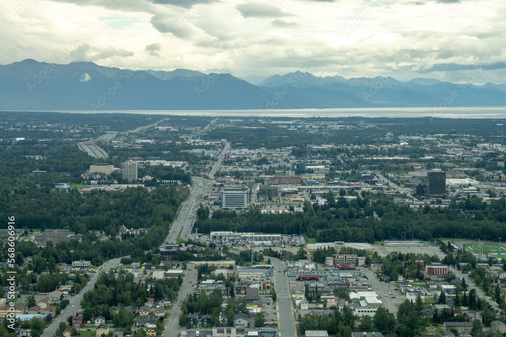 Anchorage, Alaska downtown and buildings with mid town in background Anchorage, Alaska downtown and buildings with mid town in background