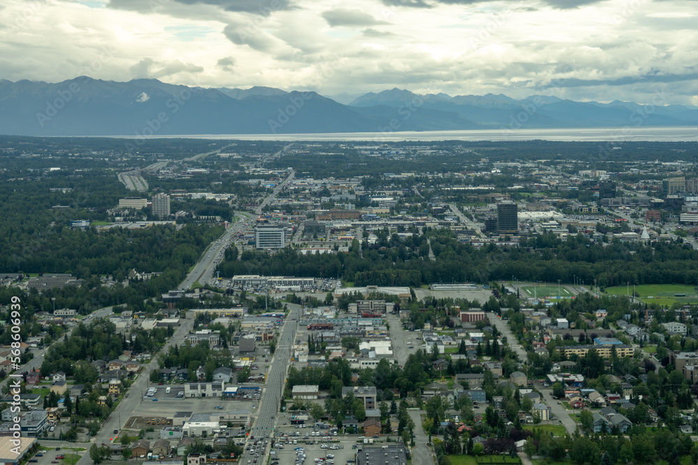 Anchorage, Alaska downtown and buildings with mid town in background Anchorage, Alaska downtown and buildings with mid town in background