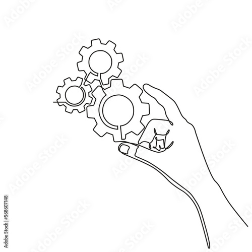 Continuous line drawing of hands holding metal gears. hand drawn metal gears concept in one line doodle style. suitable for technology marketing, industrial, automotive doodle style