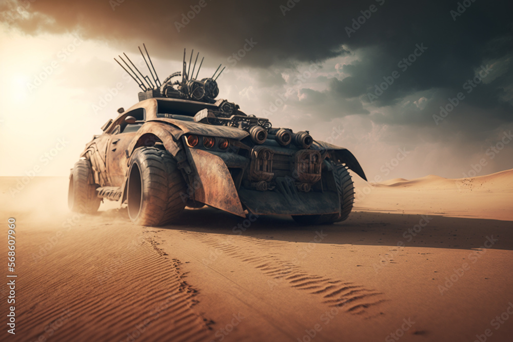 Naklejka premium Car in desert, post apocalyptic landscape,, generative ai