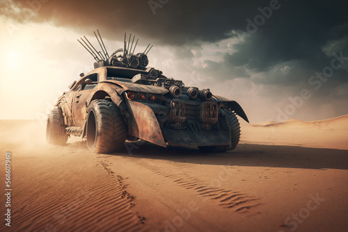 Car in desert, post apocalyptic landscape,, generative ai photo