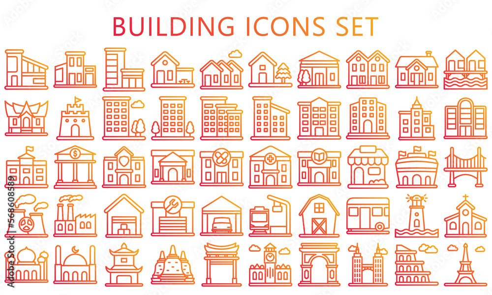 building and landmark gradient outline icons set. contain such as apartment, condominium, house, school and more. Vector EPS 10 ready convert to SVG. use for modern concept, UI or UX kit, web and app.