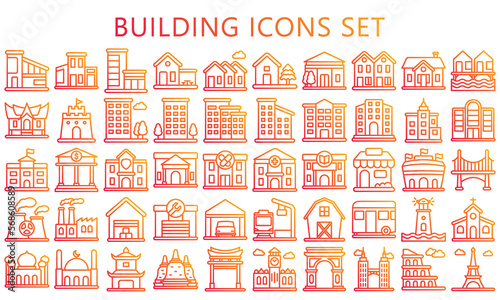 building and landmark gradient outline icons set. contain such as apartment, condominium, house, school and more. Vector EPS 10 ready convert to SVG. use for modern concept, UI or UX kit, web and app. © arga muria