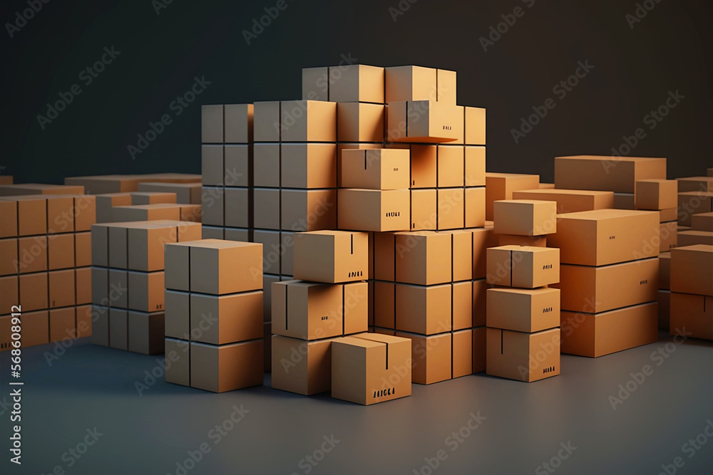 Shelves with goods boxes at industrial factory warehouse storage. Generative AI. Shelves with goods boxes at industrial factory warehouse storage. Generative AI.