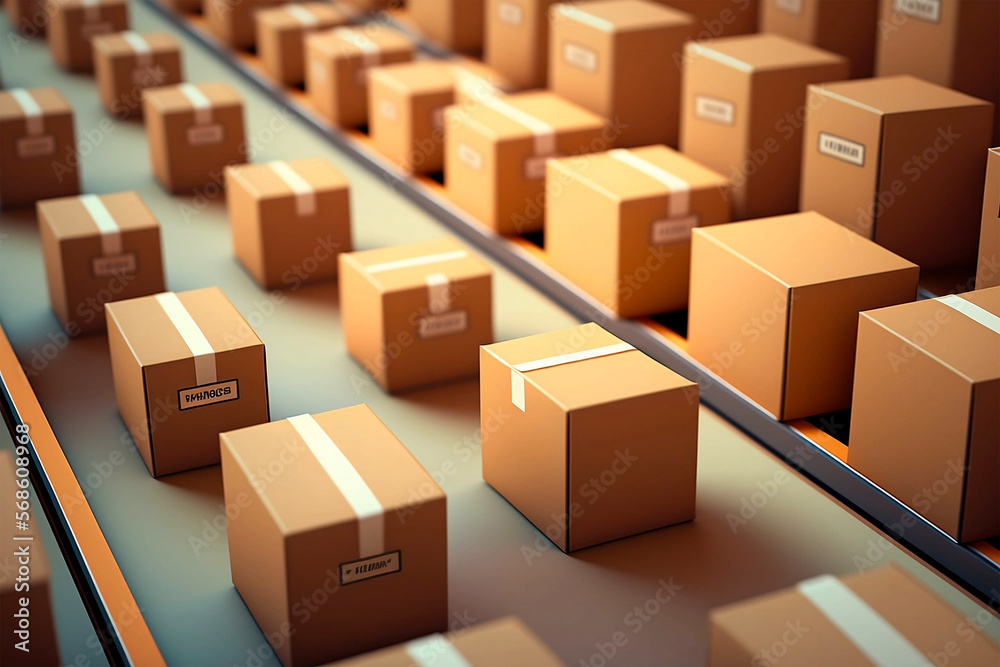 Fototapeta premium Row of brown boxes on conveyor belt against boxes in warehouse production. Generative AI.
