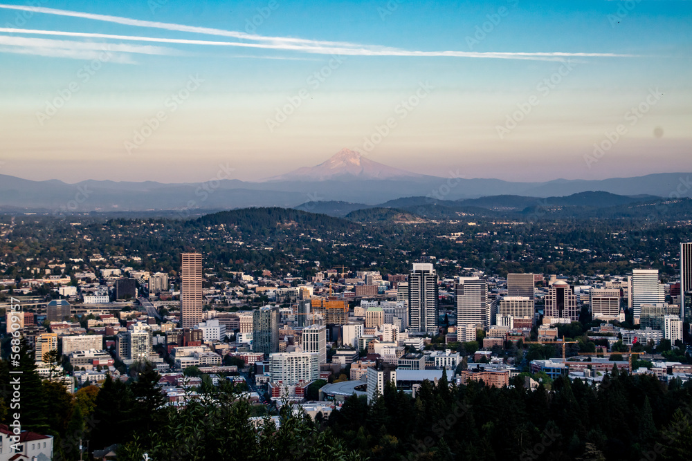 Portland, OR City Skyline & Mt. Hood at Dusk Sunset