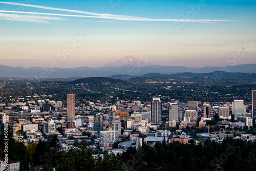 Portland  OR City Skyline   Mt. Hood at Dusk Sunset