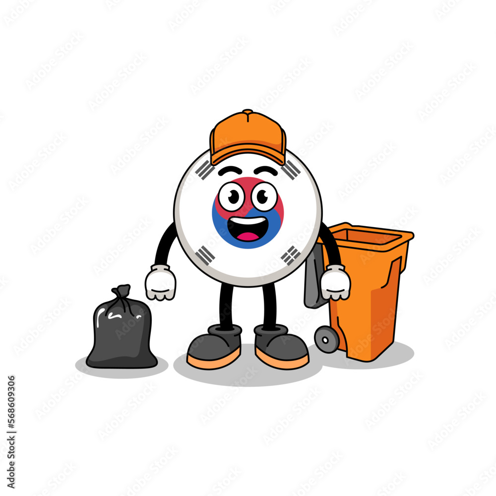 Illustration of south korea flag cartoon as a garbage collector