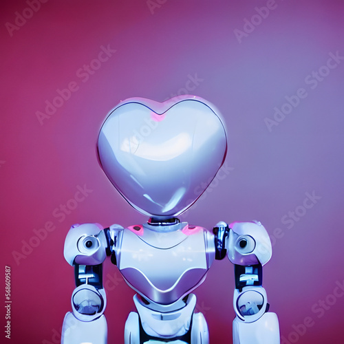 Heart-shaped robot surrounded by hearts symbolizes love in the age of technology, romance, innovation concept created with generative AI. photo