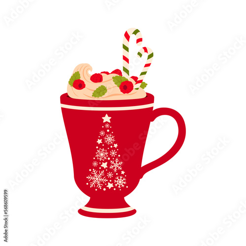 Christmas cup, whipped cream and berries, eggnog