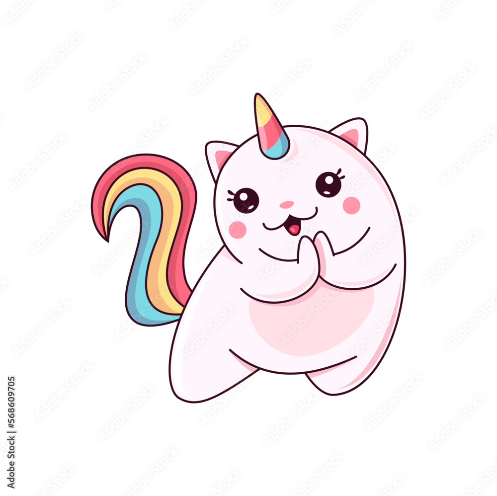 Fototapeta premium Cartoon cute caticorn character applaud, unicorn